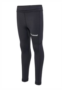 Zwarte sportleggingen van rekbaar materiaal, met een hoge tailleband en contrasterende stiksels, voorzien van een wit "hummel"-logo aan de zijkant.