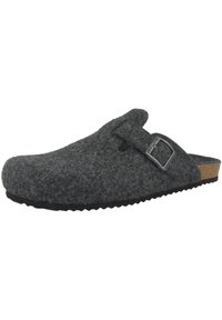 Zoccolo grigio con cinturino a fibbia, soletta in sughero e suola in gomma testurizzata, dotato di punta arrotondata e design slip-on.
