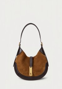 Brown suede and dark leather handbag with a curved shape, a gold metal accent, and a shoulder strap. Notable logo detail on the front.