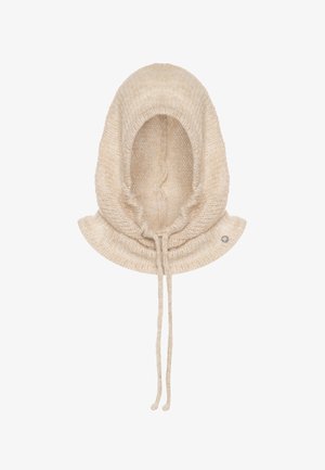 Kremowa, dziana czapka z miękkiej wełny o fakturowanym wykończeniu, z regulowanym sznurkiem i okrągłym akcentem przy szyi.