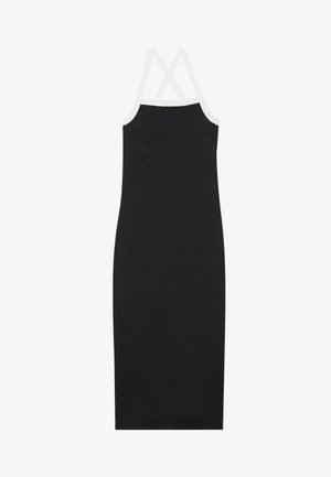 Black ribbed midi dress with white contrast straps. Straight-cut design, stretchy fabric, featuring crisscross back detail.