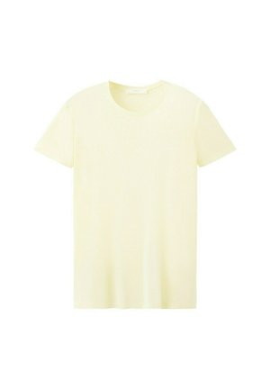Tricou cu mânecă scurtă și gât rotund, de culoare galben pal, afișat pe o suprafață albă.