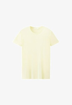 Tricou cu mânecă scurtă și gât rotund, de culoare galben pal, afișat pe o suprafață albă.