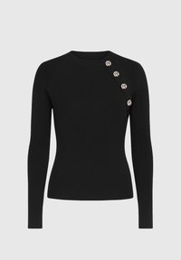 Pull noir à manches longues côtelé avec un col rond et des boutons décoratifs sur l'épaule gauche, présentant une coupe ajustée et une texture lisse.