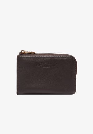 Brown leather wallet with a textured finish, featuring a gold zipper closure and embossed brand logo on the front. Compact rectangular shape.