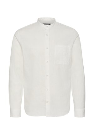 Biela ľanová košeľa s mandarinovým golierom, predným zapínaním na gombíky, dlhými rukávmi a jednou náprsné vreckom. Hladká textúra a ľahký dizajn.