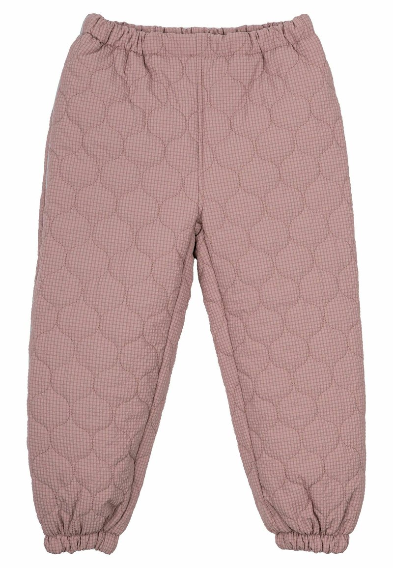 Gesteppten, pinke Hose mit elastischem Bund, die ein texturiertes Gitter- und Rundmuster aufweist, an den Knöcheln tapered und mit elastischen Bündchen versehen.