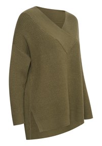 Olivgrüner Pullover mit V-Ausschnitt, geripptem Muster und seitlichen Schlitzen, mit lockerer Passform und langen Ärmeln für zusätzlichen Komfort.