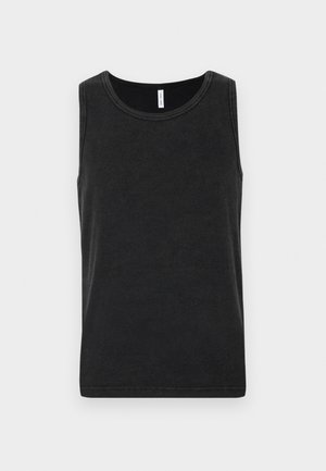 Black cotton tank top with a round neckline, sleeveless design, and a smooth texture. Features a simple and classic cut.