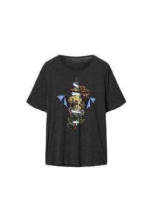 Czarny T-shirt z krótkim rękawem z grafiką żółtej czaszki, niebieskich skrzydeł nietoperza, zwiniętego węża i sztyletu z białą wstążką.