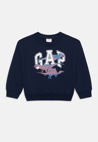 Dunkelblaues Sweatshirt mit GAP-Logo und drei bunten Dinosaurier-Illustrationen auf der Brust, mit gerippten Bündchen und Saum.