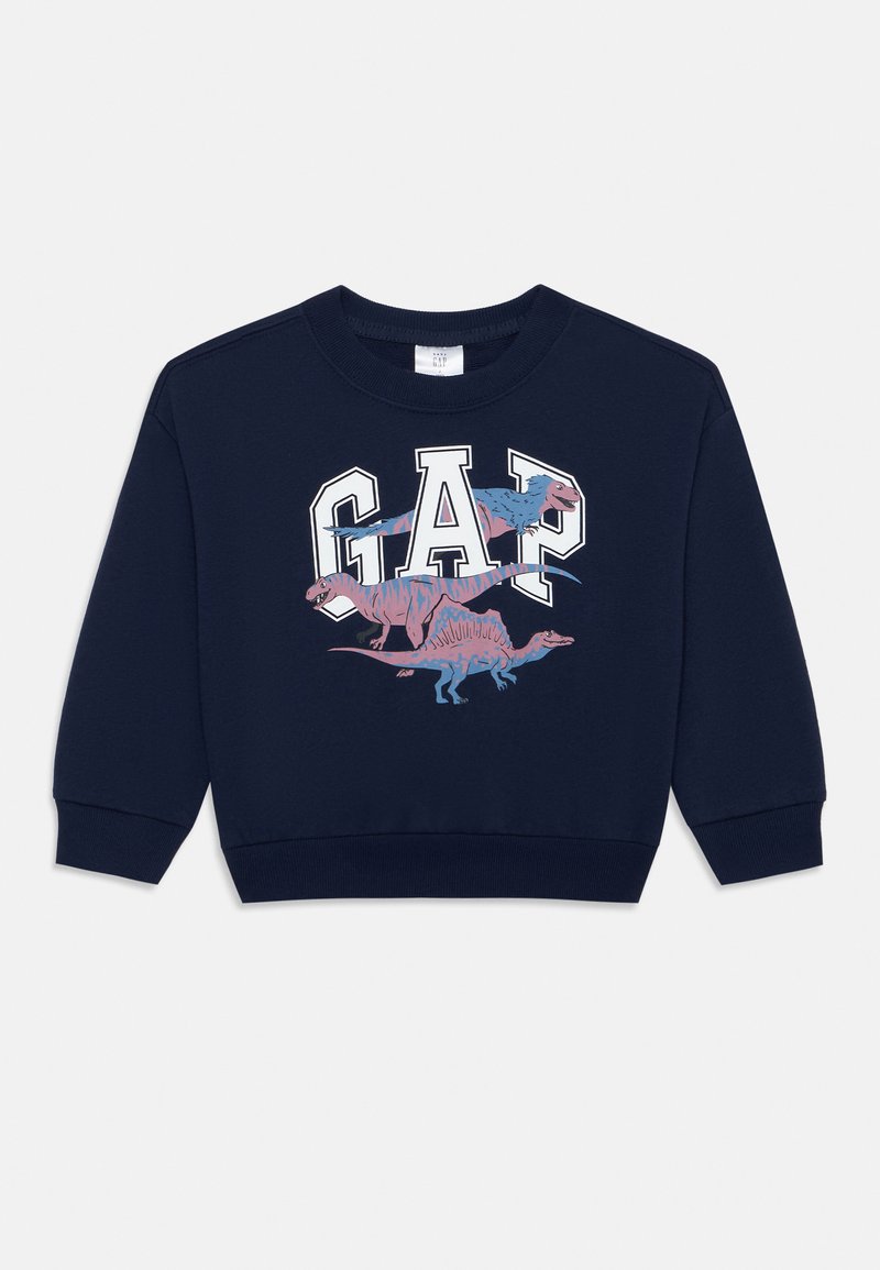Sudadera azul marino con el logo de GAP y tres ilustraciones coloridas de dinosaurios en el pecho, con puños y dobladillo acanalados.