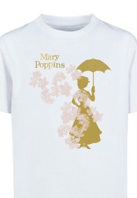 White T-shirt featuring a gold silhouette of a woman with an umbrella, surrounded by pink floral designs and the text “Mary Poppins.”