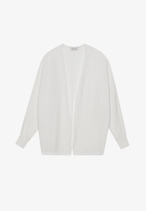 Cardigan bianco aperto nella parte frontale, realizzato in morbido tessuto knit, con maniche lunghe, vestibilità ampia e dettagli a costine sui polsini e sull'orlo.