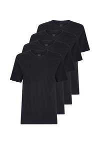Confezione di quattro t-shirt nere in cotone. Maniche corte, scollature rotonde, texture liscia e vestibilità classica progettata per un abbigliamento casual.