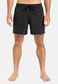 Schwarze Badehose mit Kordelzugbund, glatter Textur und Logoakzent am Saum. Mittellange und lässige Schnittform.