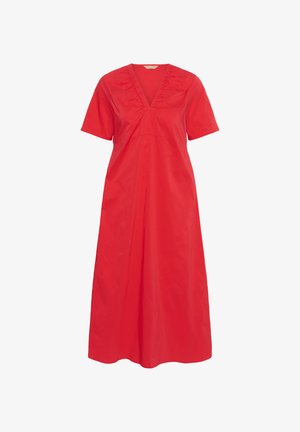 Vestido rojo de manga corta con escote en V y detalles fruncidos en el torso, con una silueta tipo A-line que fluye, hecho de una tela ligera.