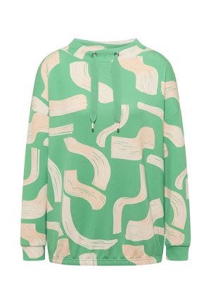 Grön hoodie med abstrakt beige penseldragmönster och gröna dragsnören, med långärmad och avslappnad passform.