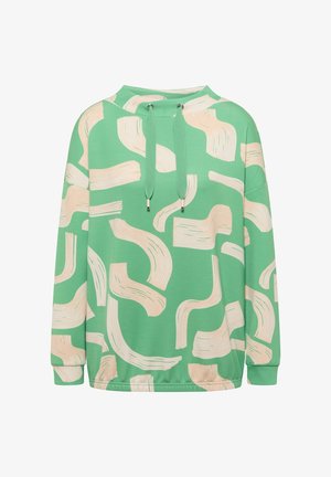 Sweat à capuche vert avec motif abstrait de coups de pinceau beige et cordons verts, doté de manches longues et d'une coupe décontractée.