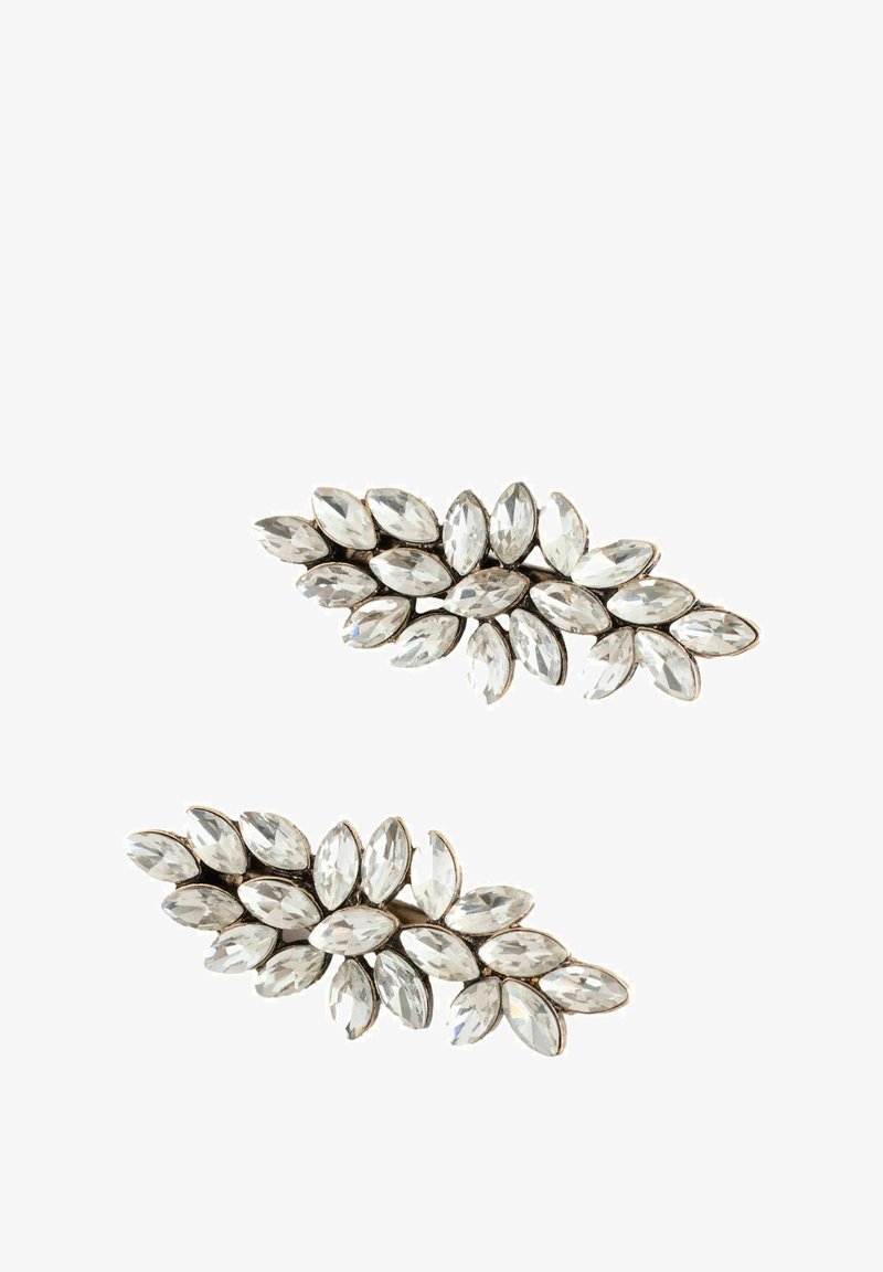 Strass-Haarspangen mit oval geschliffenen, klaren Steinen, die in einem Blattdesign angeordnet sind und mit einer metallischen Rückseite gesichert sind. Farblos und reflektierend.