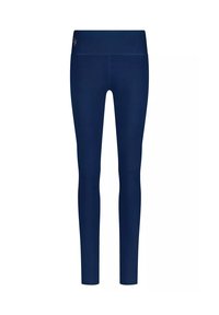 Leggings bleu marine avec une large ceinture et une texture lisse. Présente une couture minimale et aucun accessoire ou motif visible.