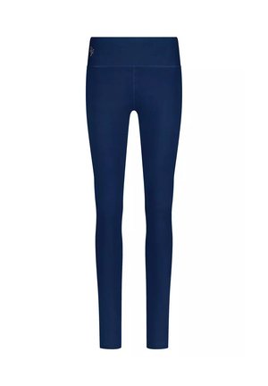 Navyblaue Leggings mit einem breiten Bund und glatter Textur. Sie verfügen über minimalistische Nähte und keine sichtbaren Beschläge oder Muster.
