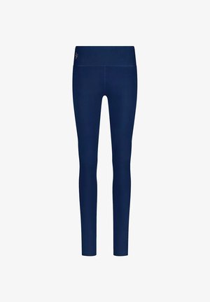 Leggings bleu marine avec une large ceinture et une texture lisse. Présente une couture minimale et aucun accessoire ou motif visible.
