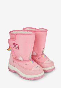 Botas de invierno rosas con un diseño de unicornio, forro suave de piel sintética, acentos de purpurina y una suela de goma texturizada con detalles coloridos de arcoíris.