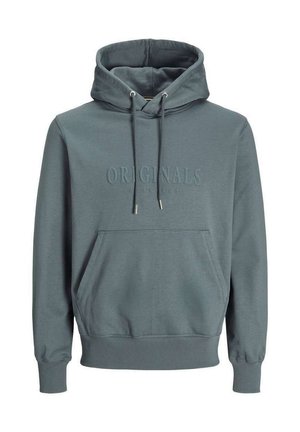 Un sweat à capuche en teal doux, avec une poche avant, des poignets côtelés et un texte en relief "ORIGINALS" sur la poitrine. Matière en mélange de coton douce.