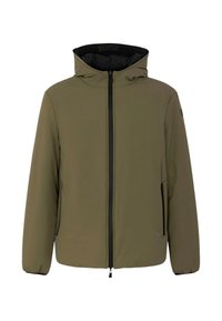 Giacca imbottita verde oliva con cappuccio, cerniera frontale e due tasche laterali. Presenta polsini elasticizzati e una fodera interna nera.