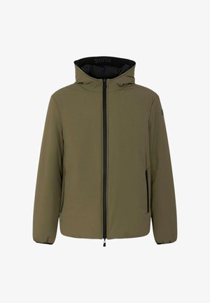 Giacca imbottita verde oliva con cappuccio, cerniera frontale e due tasche laterali. Presenta polsini elasticizzati e una fodera interna nera.