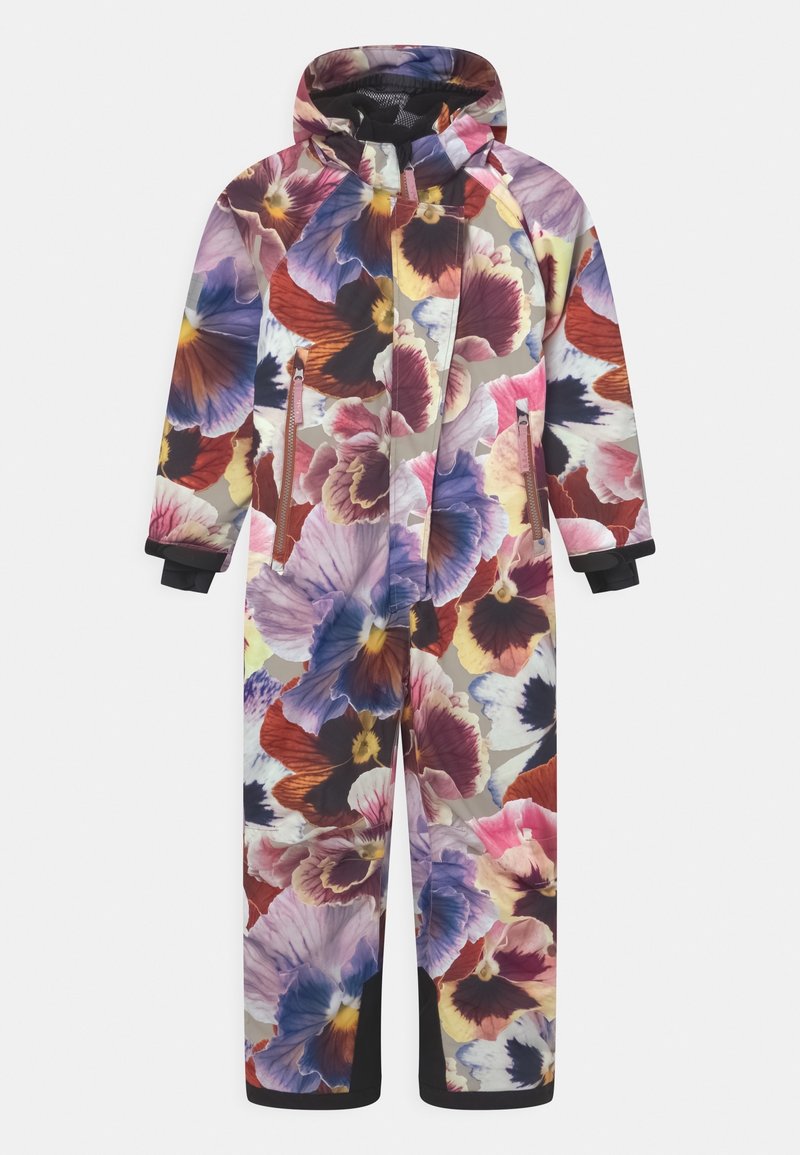 Combinaison de neige une pièce pour enfants avec capuche et fermeture éclair, recouverte d'un grand imprimé floral de pensées multicolores sur fond clair.