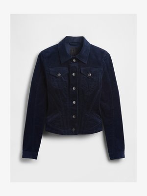 Jachetă din catifea wales bleumarin cu guler, mâneci lungi, închidere frontală cu nasturi și două buzunare la piept cu capse. Prezintă cusături croite.