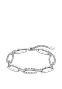 Bracelet en argent présentant des maillons ovales et allongés, avec des accents de pierres précieuses transparentes intégrées dans certains maillons, terminé par un fermoir.