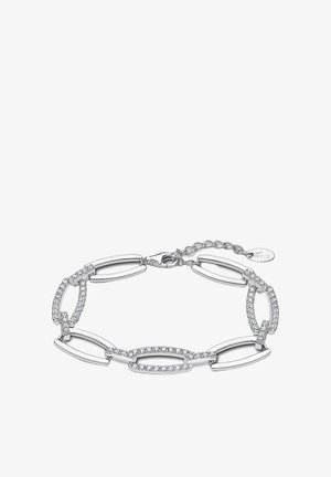 Silver bracelet featuring oval and elongated links, with accents of clear gemstones embedded in select links, finished with a clasp.