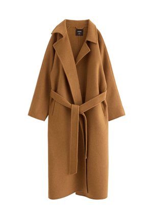 Brun ullblandad kappa med slagkrage, breda ärmar och midjeband, med en mjuk, texturerad yta och en öppen frontdesign.