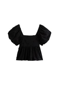 Black blouse featuring puff sleeves, square neckline, and a gathered, ruffled hem. Embroidered floral texture throughout the fabric.