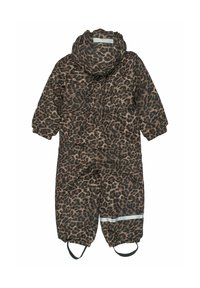 Leopard-patterned padded overall in shades of brown and black, featuring a hood, elastic cuffs, and reflective accents on lower legs.