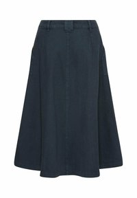 Een donkerblauwe, knielange rok van denim met een uitlopende snit. Beschikt over zijzakken en riemlussen, met een gladde textuur.