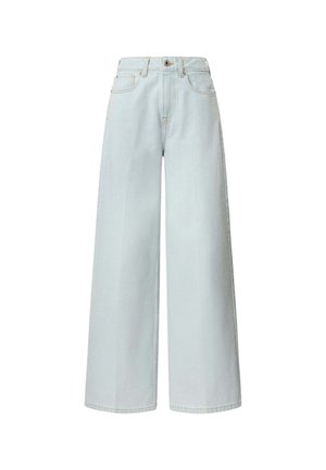 Lichtblauwe wijde jeans gemaakt van denim. Kenmerkt zich door een hoge taille, een vijf-pocket ontwerp en contrasterende stiksels langs de naden.