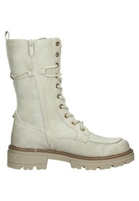 Lace-up knee-high boot in soft beige leather, with a side zipper, round toe, and chunky tan sole. Gold-toned eyelets and accents.