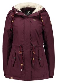 Dunkelrote Damen-Winterjacke mit Kapuze, weißem Fleece-Futter, Frontreißverschluss, knöpfbaren Taschen und verstellbaren Kordeln an Taille und Kapuze.