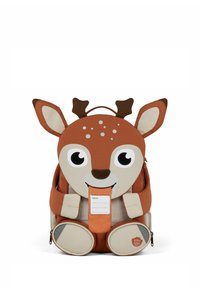 Brown and beige deer-shaped children's backpack with large eyes, antlers, ears, and a front name tag pocket.