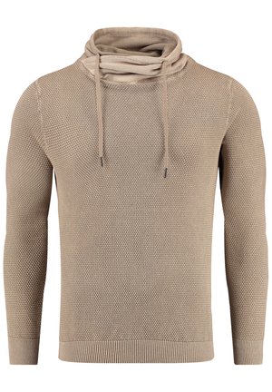 Beige gestrickter Pullover mit strukturiertem Muster, Stehkragen, Kordeln und langen Ärmeln. Verfügt über gerippte Bündchen und Saum.