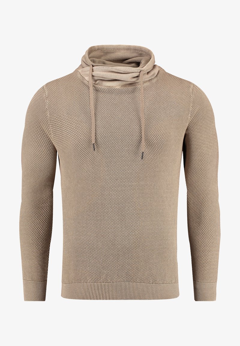 Beige gestrickter Pullover mit strukturiertem Muster, Stehkragen, Kordeln und langen Ärmeln. Verfügt über gerippte Bündchen und Saum.