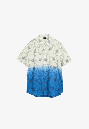 Kurzärmeliges Hemd zum Knöpfen mit einem Farbverlauf von Weiß zu Blau und einem schwarzen Blumenrankenmuster durchgehend.