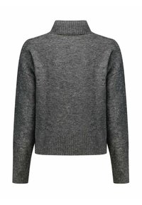 Maglione grigio con collo alto, orlo a coste e maniche lunghe. La texture appare morbida e lavorata a maglia, con una vestibilità leggermente ampia.