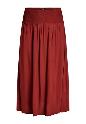 Jupe midi couleur rouille avec une large ceinture élastique froncée et des plis doux et fluides en tissu.