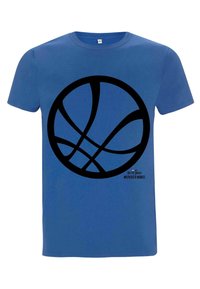 Camiseta de algodón azul con un gran gráfico de baloncesto negro en la parte delantera. El diseño incluye líneas delgadas que representan las costuras de la pelota.