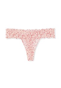 Culotte en dentelle blanche avec des motifs de cœurs rouges et une taille à volants, présentée à plat sur un fond blanc.